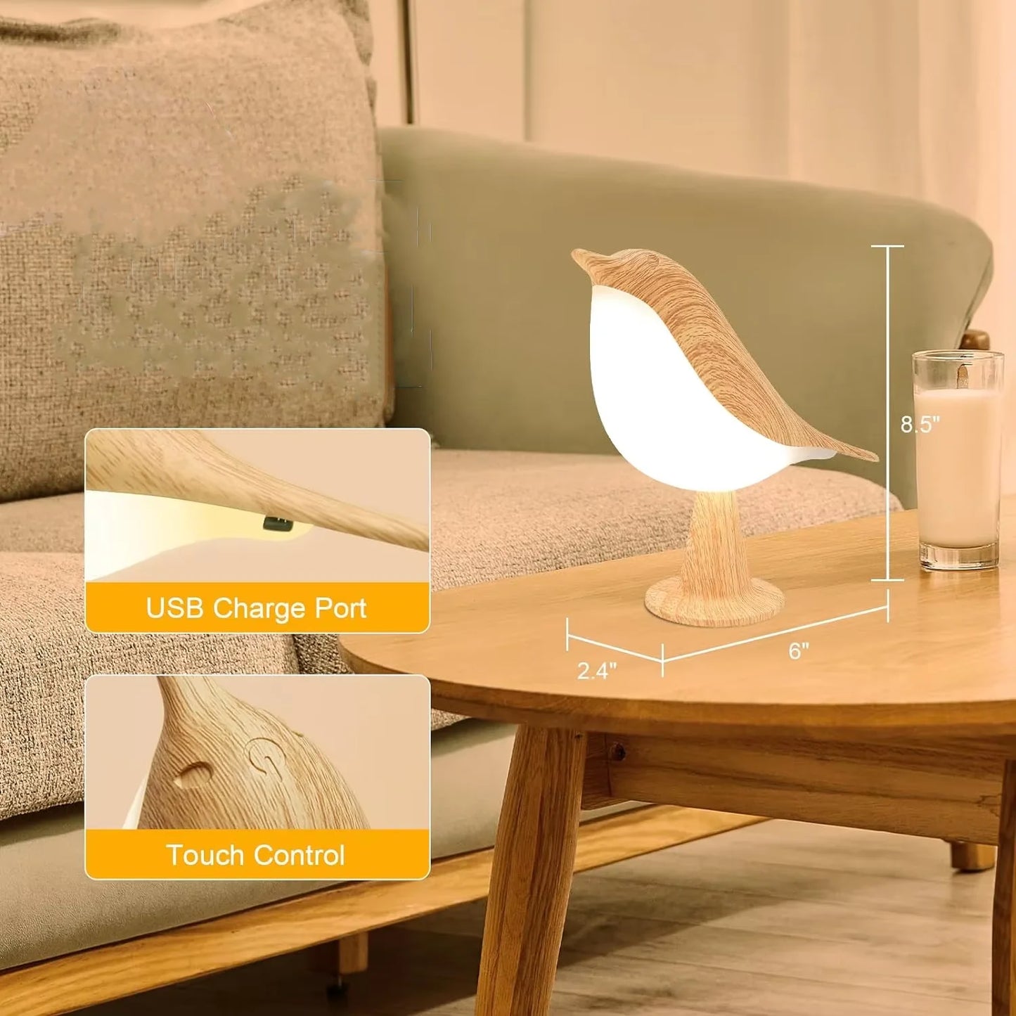 Bird LED Touch Lamp – 3 Brightness Levels, Rechargeable, Art Deco Decoration