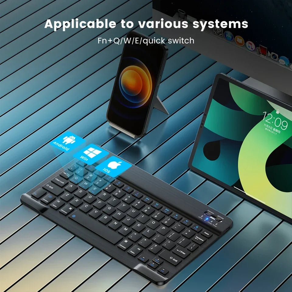 Teclado Bluetooth Recarregável ONEVAN — 7" e 10", Multi-idioma, Compatível com Android, iOS e Windows