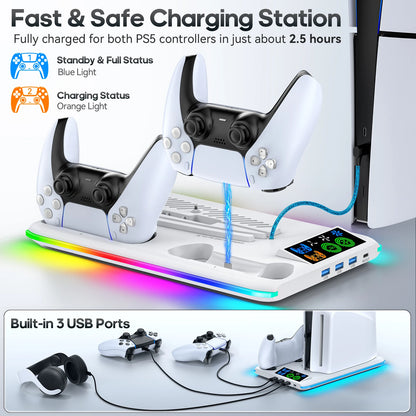 Suporte PS5 / PS5 Slim / PS5 Pro AyeBeau — Ventoinha de Arrefecimento, Carregador Duplo e 3 Portas USB