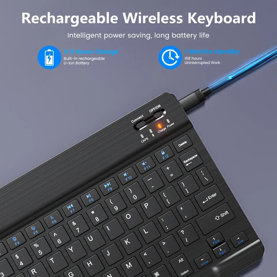 Teclado Bluetooth Recarregável ONEVAN — 7" e 10", Multi-idioma, Compatível com Android, iOS e Windows