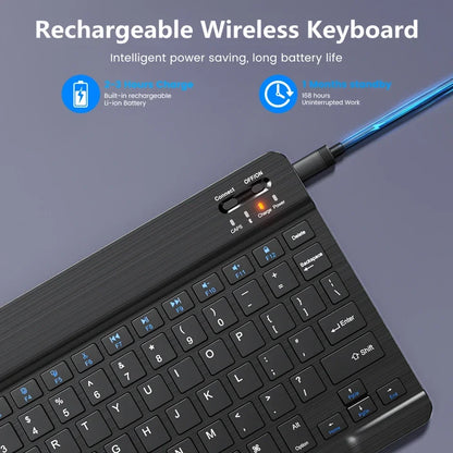 Teclado Bluetooth Recarregável ONEVAN — 7" e 10", Multi-idioma, Compatível com Android, iOS e Windows