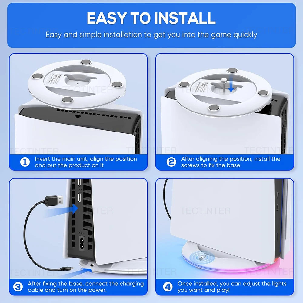 Suporte Vertical RGB para PS5 Slim & Pro — 14 Efeitos de Luz, Base Antiderrapante e 2 Portas USB