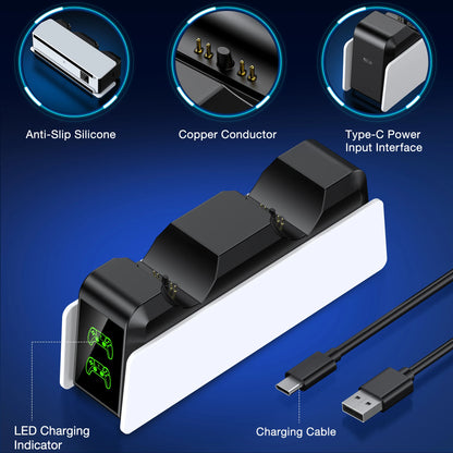 Carregador Duplo para Controlo PS5 DinoFire — Luz LED, Carregamento Rápido e Base Antiderrapante