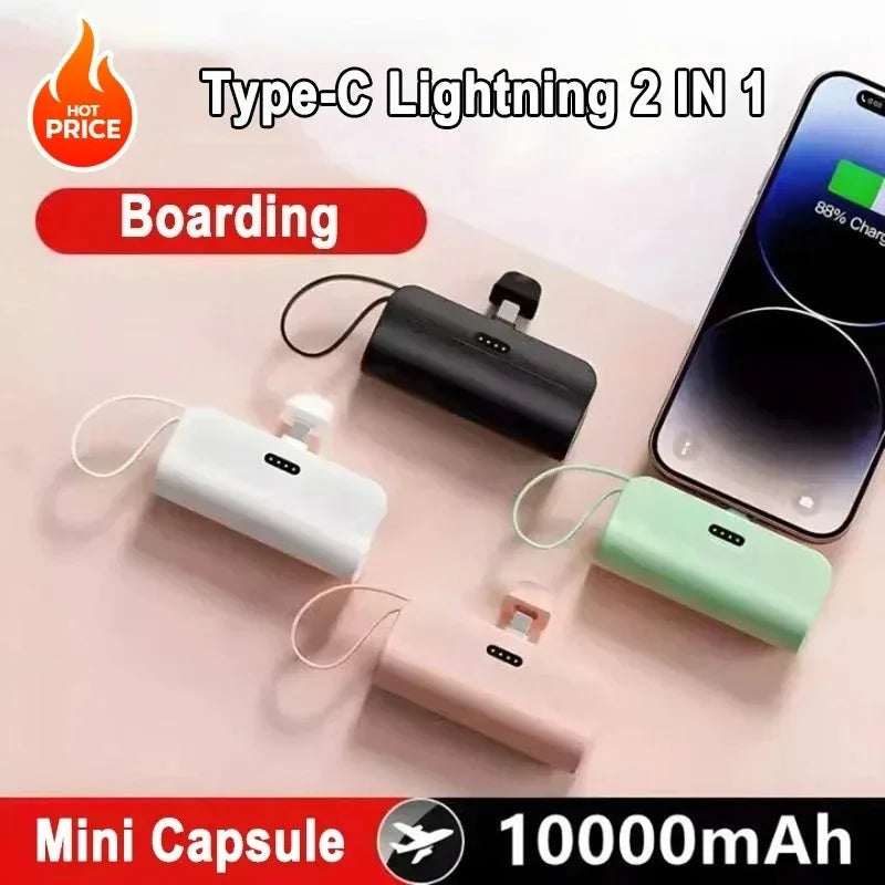 Power Bank Mini 10000mAh – Carregamento Rápido 22W com Cabo Integrado Type-C & Lightning