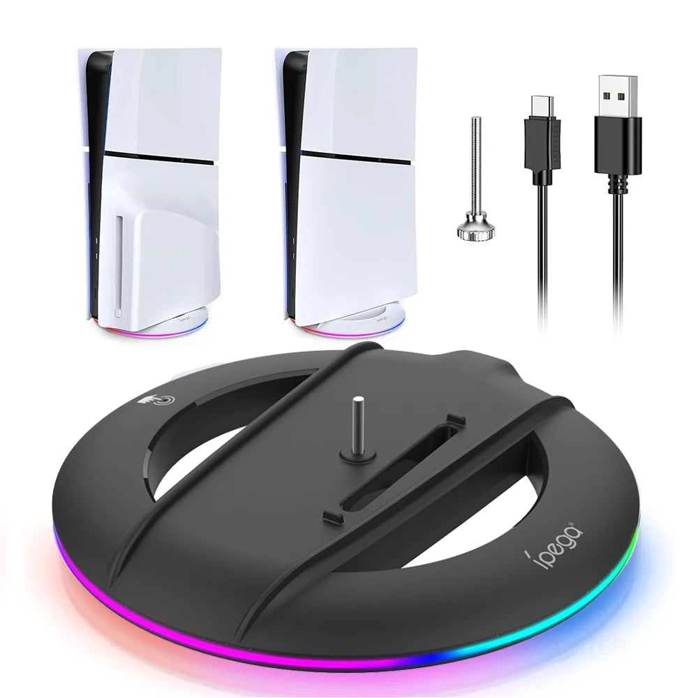 Suporte Vertical RGB para PS5 Slim & Pro — 14 Efeitos de Luz, Base Antiderrapante e 2 Portas USB