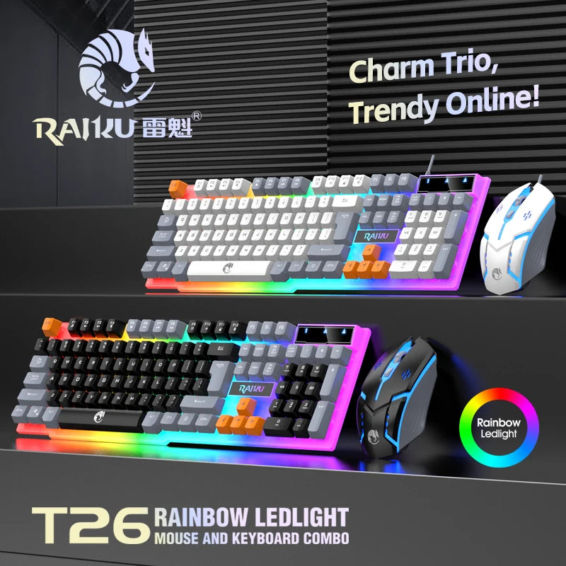 Conjunto Teclado e Rato Gaming RAIKU T26 — Retroiluminação ARGB Tricolor, 104 Teclas e USB