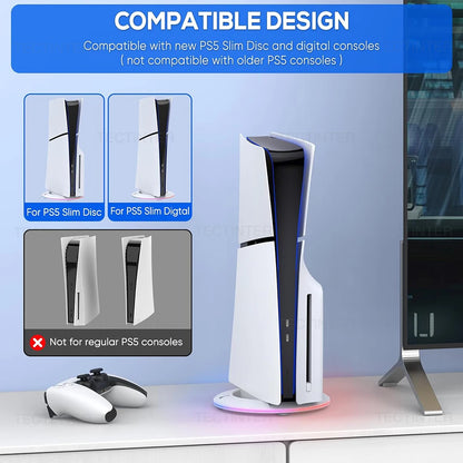 Suporte Vertical RGB para PS5 Slim & Pro — 14 Efeitos de Luz, Base Antiderrapante e 2 Portas USB