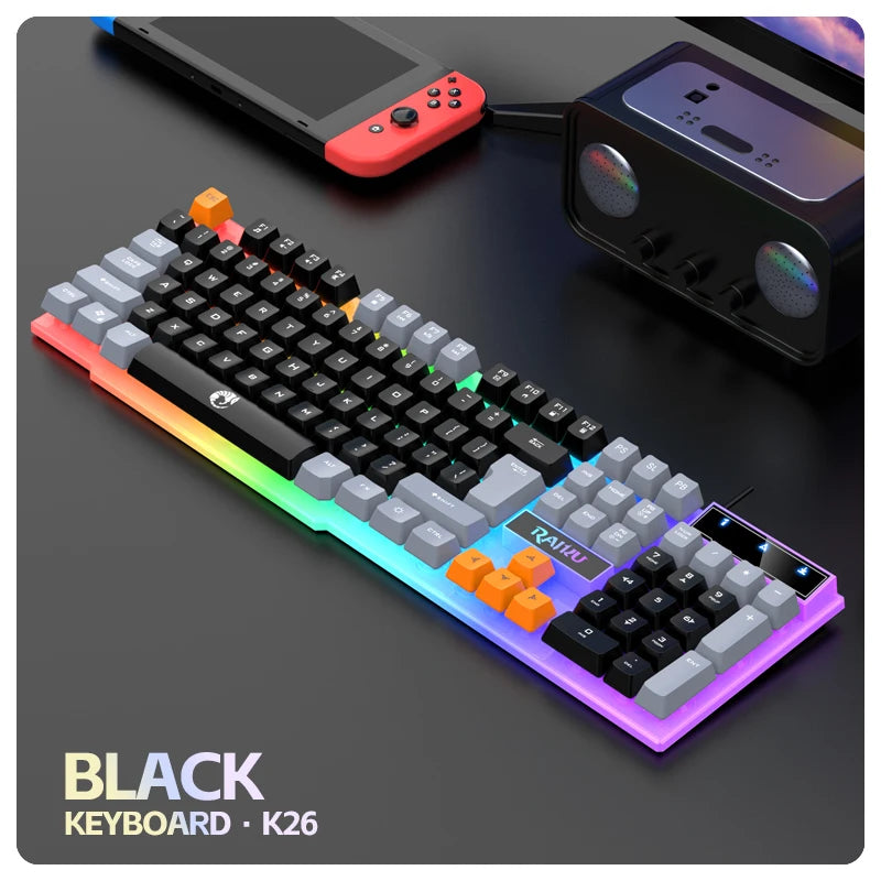 Conjunto Teclado e Rato Gaming RAIKU T26 — Retroiluminação ARGB Tricolor, 104 Teclas e USB
