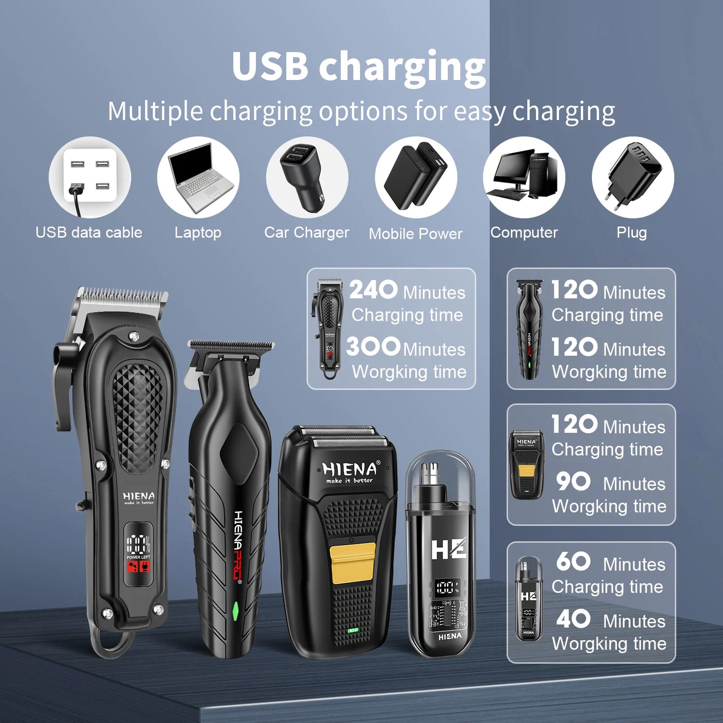 HIENA Professional Hair Clipper – Rechargeable, Stainless Steel Blade, 6 Colors Available