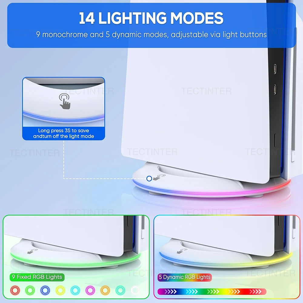 Suporte Vertical RGB para PS5 Slim & Pro — 14 Efeitos de Luz, Base Antiderrapante e 2 Portas USB