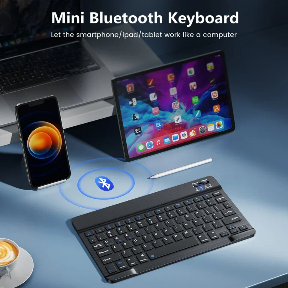 Teclado Bluetooth Recarregável ONEVAN — 7" e 10", Multi-idioma, Compatível com Android, iOS e Windows