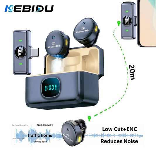KEBIDU Wireless Lavalier Microphone – Dual Noise Reduction, HiFi Sound, 1-to-2 for Live Streaming & Video