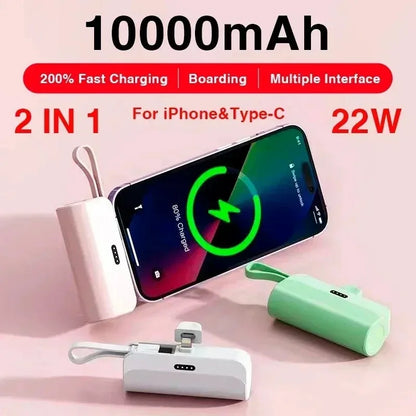 Power Bank Mini 10000mAh – Carregamento Rápido 22W com Cabo Integrado Type-C & Lightning