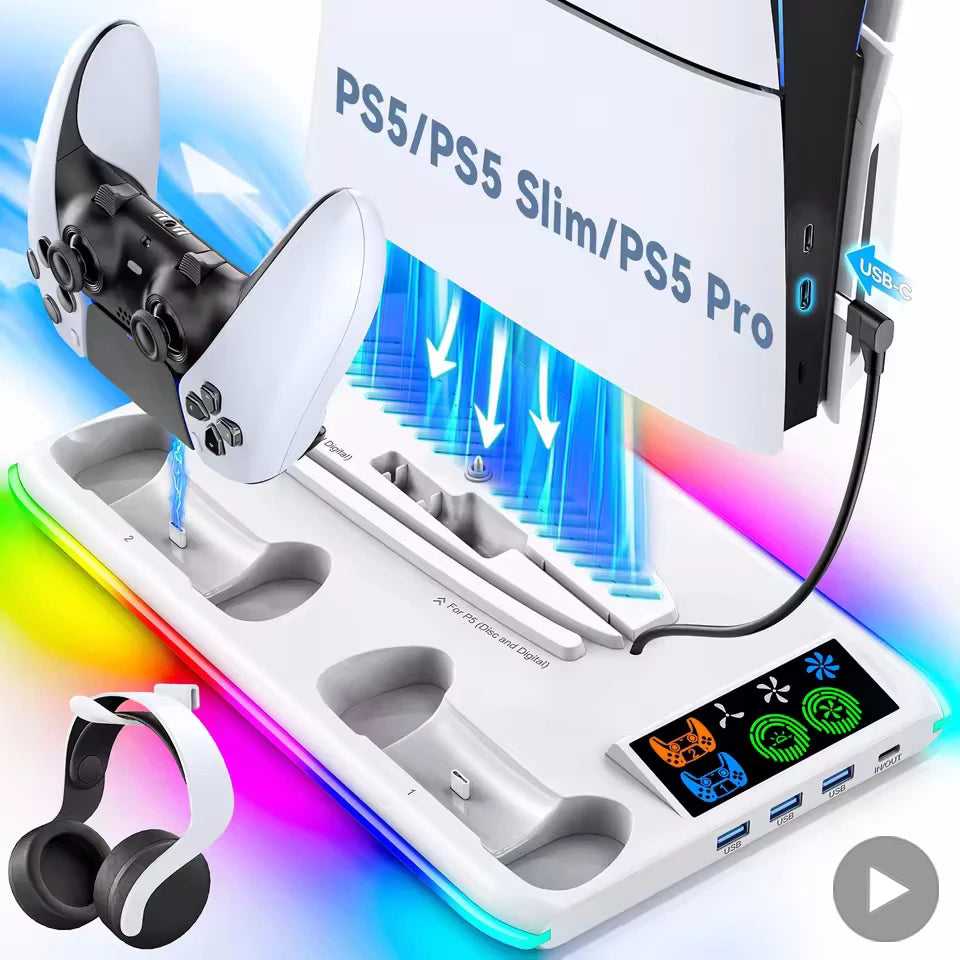 Suporte PS5 / PS5 Slim / PS5 Pro AyeBeau — Ventoinha de Arrefecimento, Carregador Duplo e 3 Portas USB