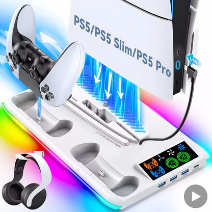 Suporte PS5 / PS5 Slim / PS5 Pro AyeBeau — Ventoinha de Arrefecimento, Carregador Duplo e 3 Portas USB